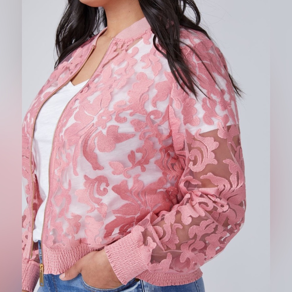 Lane Bryant Sheer Floral Bomber, Pink, Size 22/24
